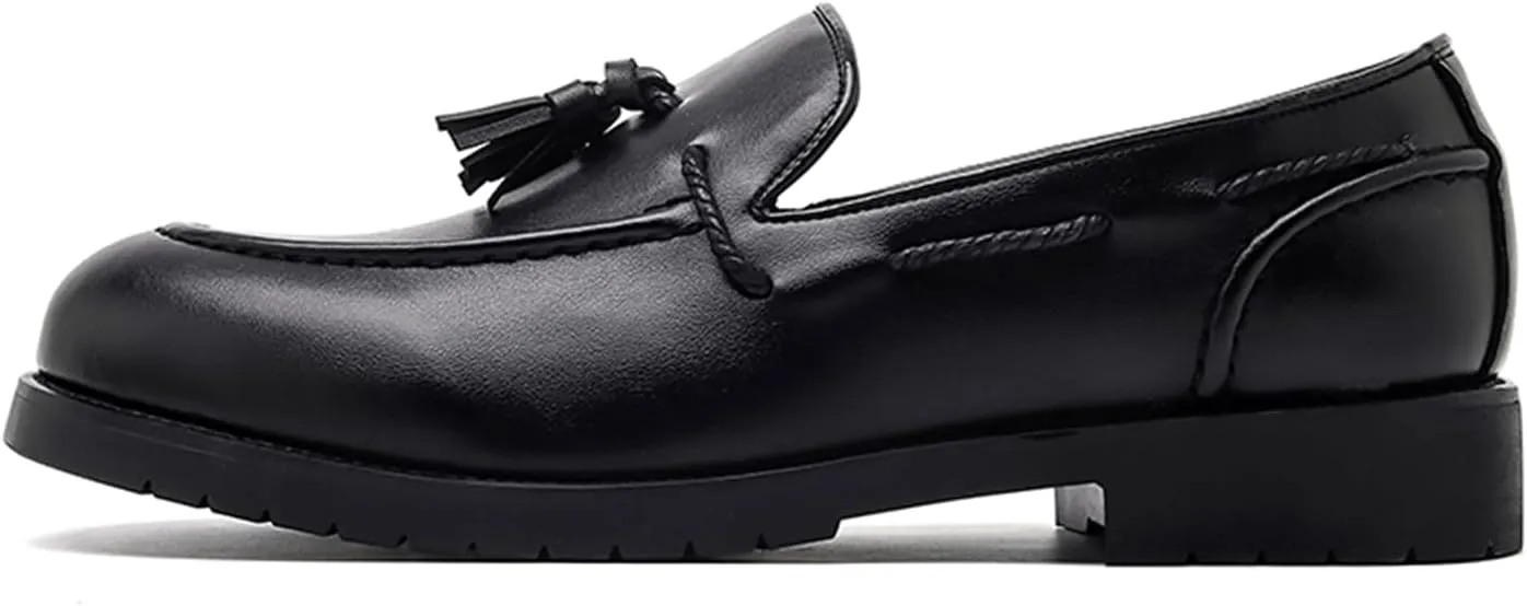 Men's Leather Loafers Black Slip-On Shoes Classic Tassel Loafers Arch Support Casual Dress Shoes