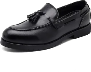Men's Leather Loafers Black Slip-On Shoes Classic Tassel Loafers Arch Support Casual Dress Shoes