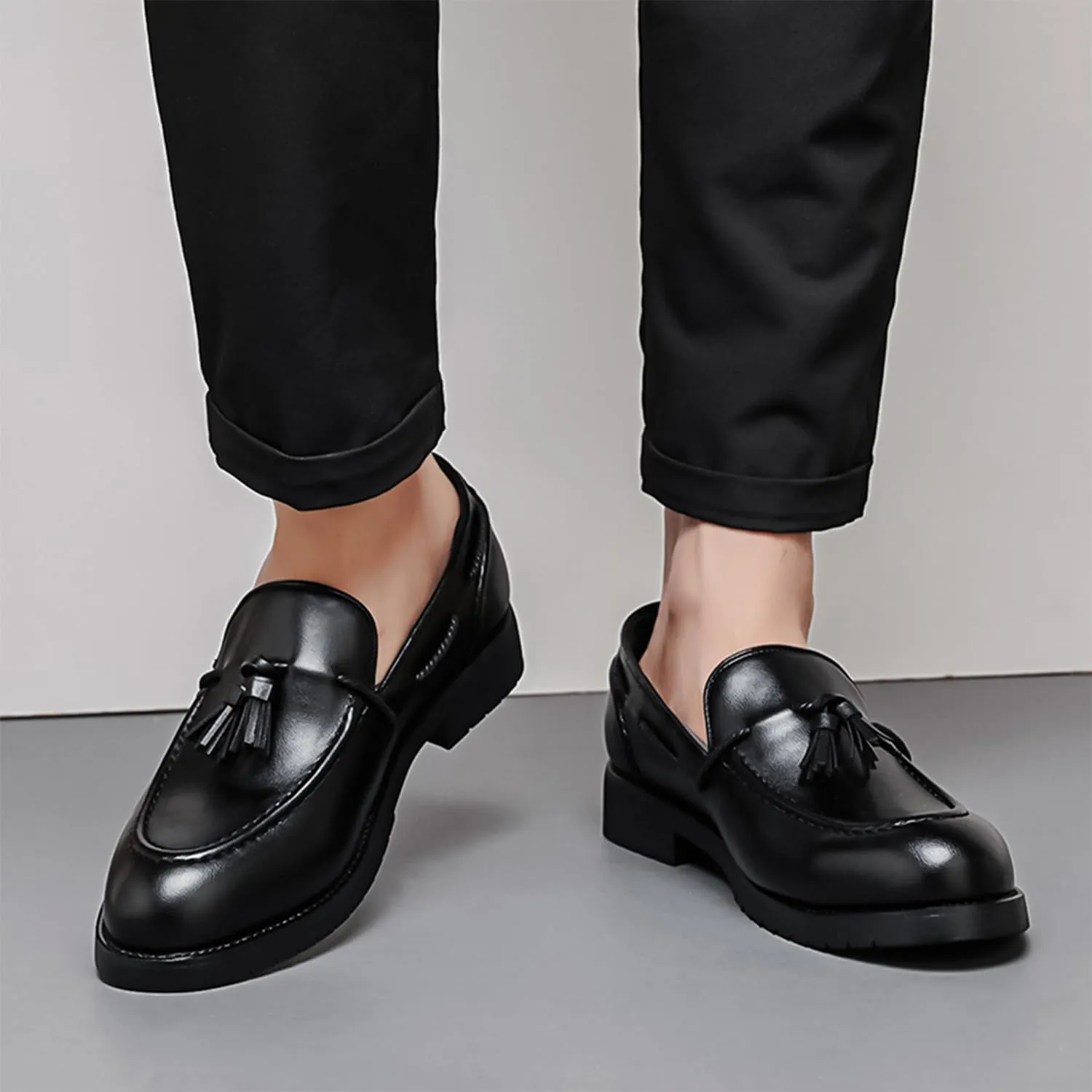 Men's Leather Loafers Black Slip-On Shoes Classic Tassel Loafers Arch Support Casual Dress Shoes