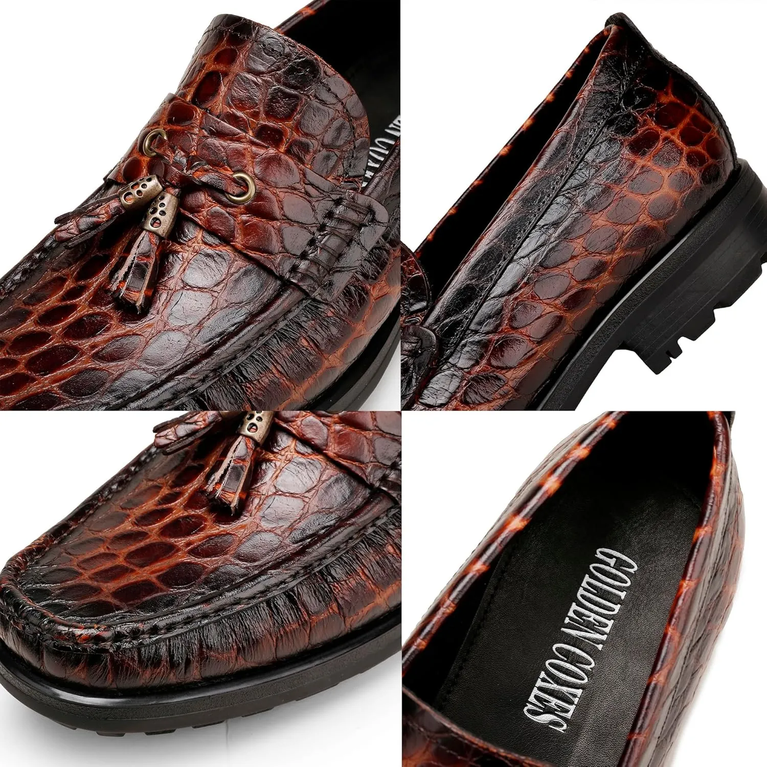 Men's Leather Tassel Loafers, Alligator Printed Penny Loafers Casual Party Shoes Soft Thick Sole Slip On Dress Shoes for Mens Weddings Business Shoes