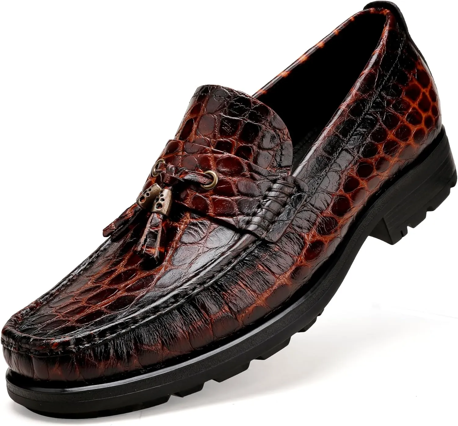 Men's Leather Tassel Loafers, Alligator Printed Penny Loafers Casual Party Shoes Soft Thick Sole Slip On Dress Shoes for Mens Weddings Business Shoes