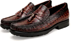 Men's Leather Tassel Loafers, Alligator Printed Penny Loafers Casual Party Shoes Soft Thick Sole Slip On Dress Shoes for Mens Weddings Business Shoes