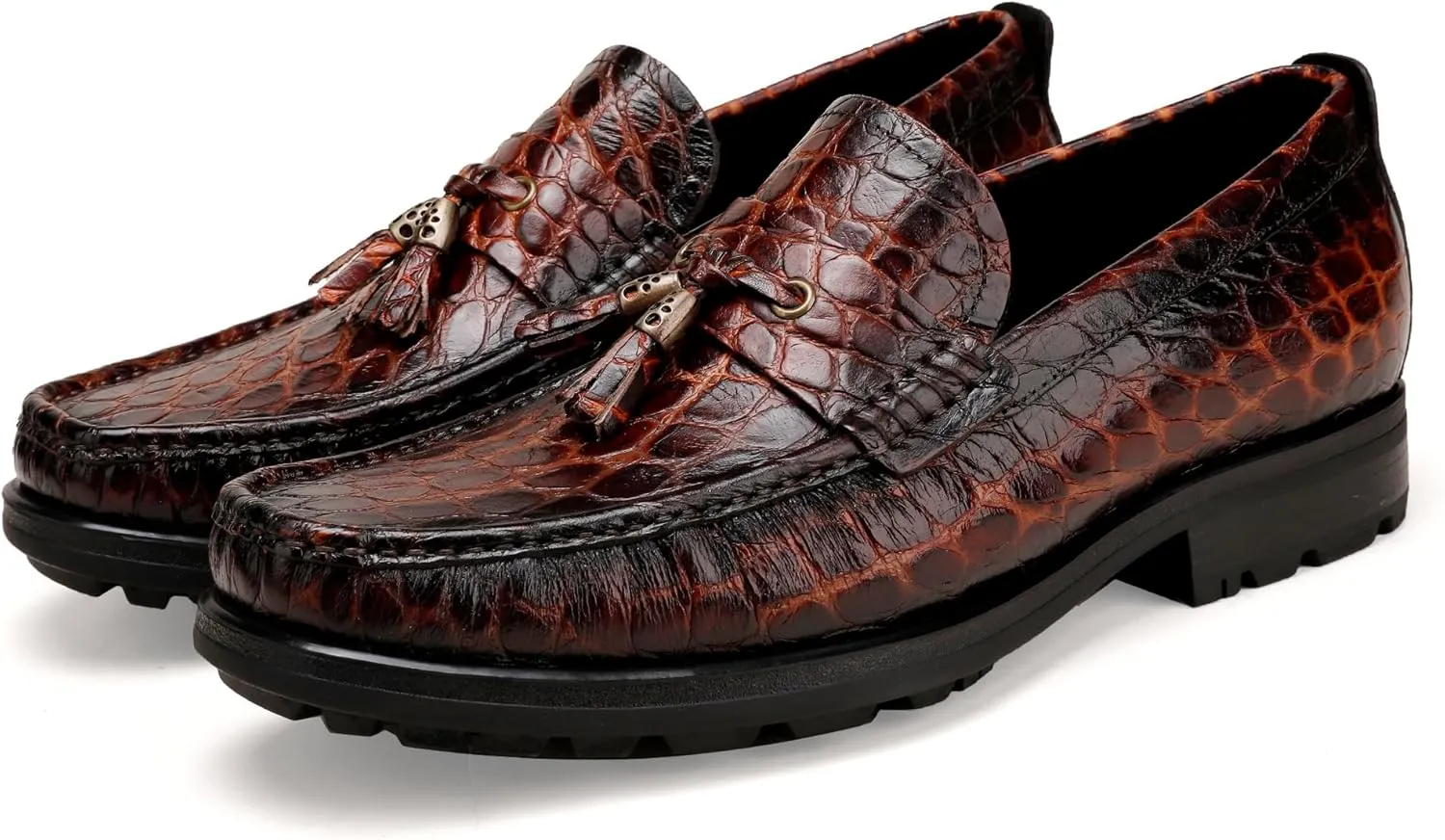 Men's Leather Tassel Loafers, Alligator Printed Penny Loafers Casual Party Shoes Soft Thick Sole Slip On Dress Shoes for Mens Weddings Business Shoes