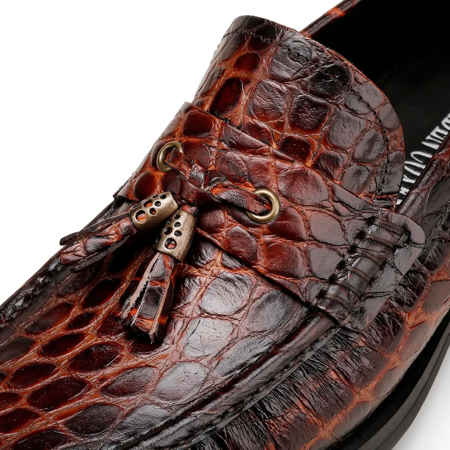 Men's Leather Tassel Loafers, Alligator Printed Penny Loafers Casual Party Shoes Soft Thick Sole Slip On Dress Shoes for Mens Weddings Business Shoes