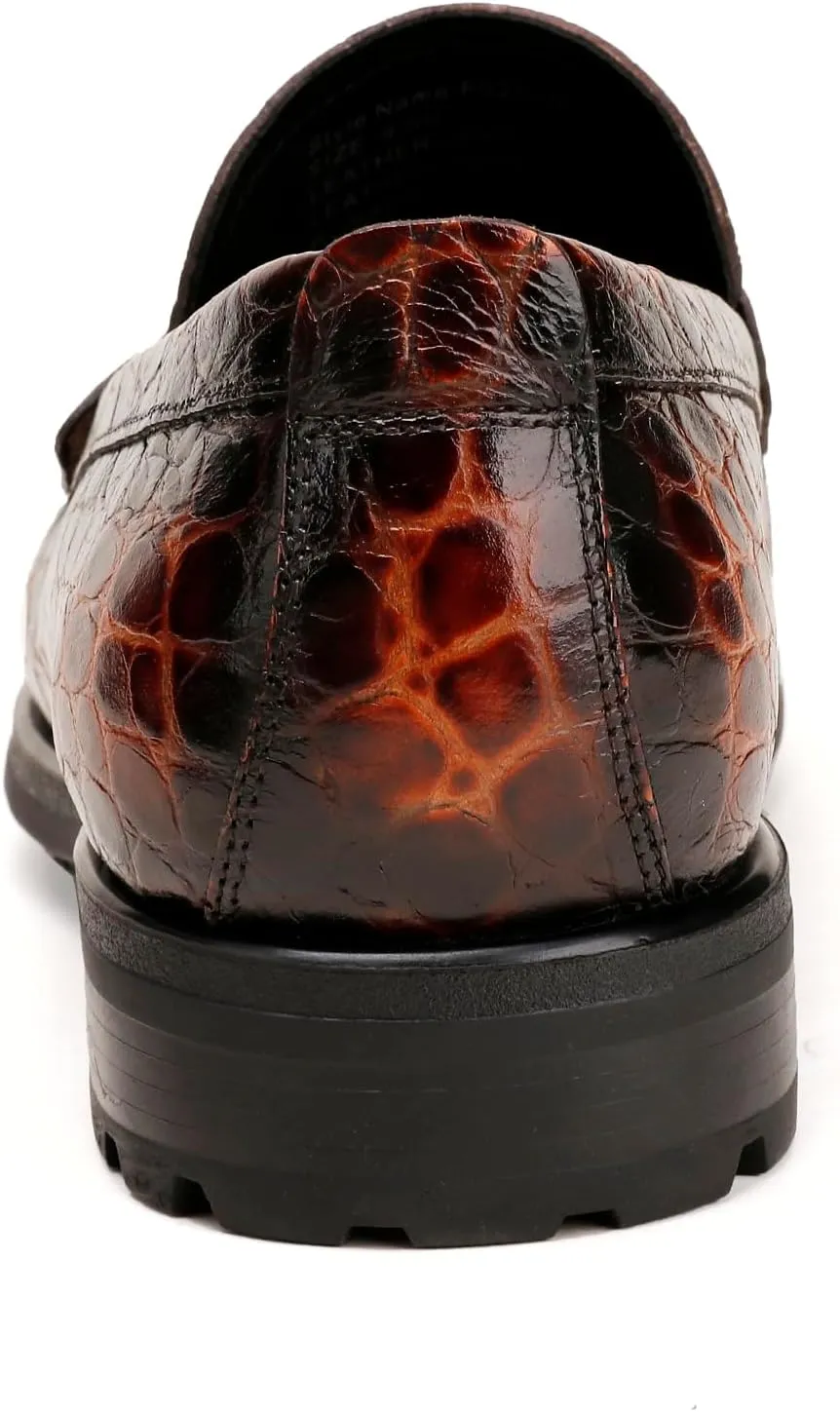 Men's Leather Tassel Loafers, Alligator Printed Penny Loafers Casual Party Shoes Soft Thick Sole Slip On Dress Shoes for Mens Weddings Business Shoes