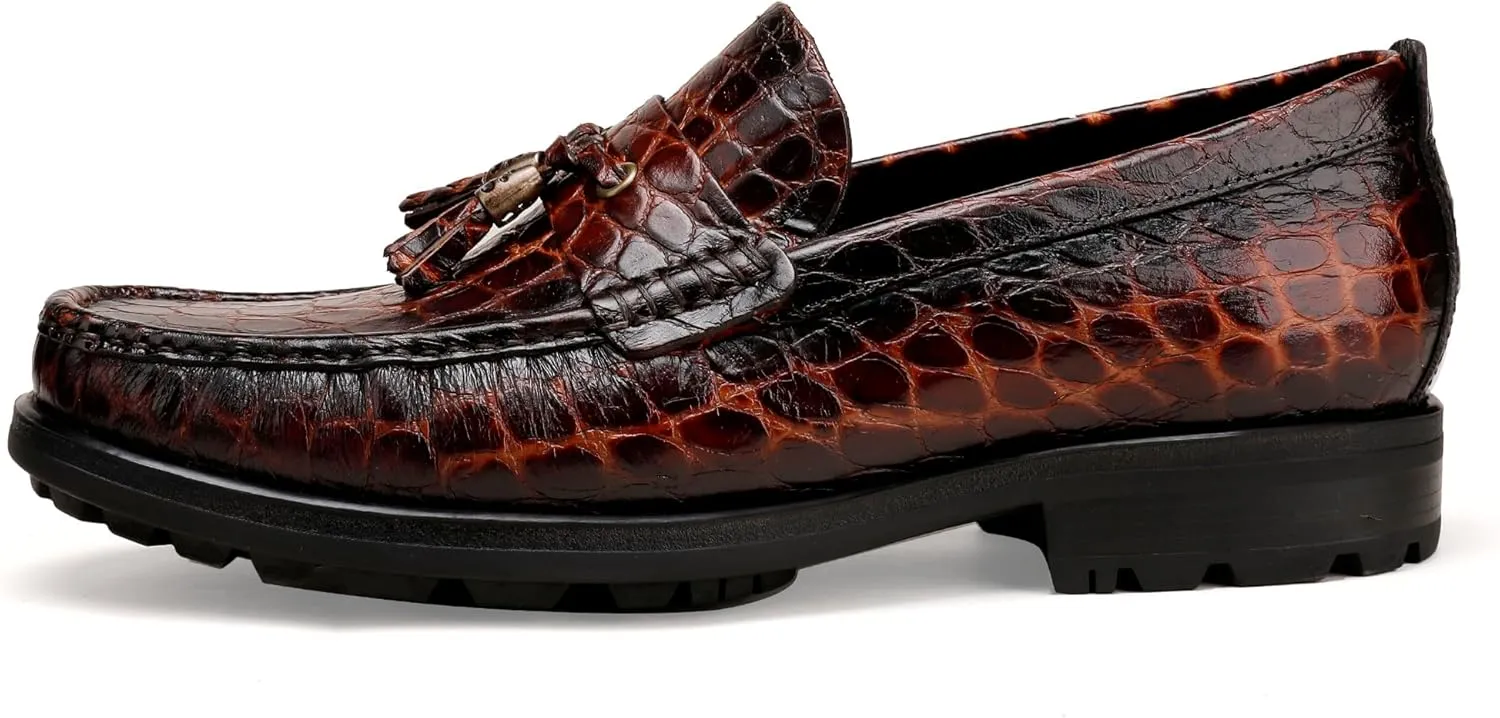 Men's Leather Tassel Loafers, Alligator Printed Penny Loafers Casual Party Shoes Soft Thick Sole Slip On Dress Shoes for Mens Weddings Business Shoes