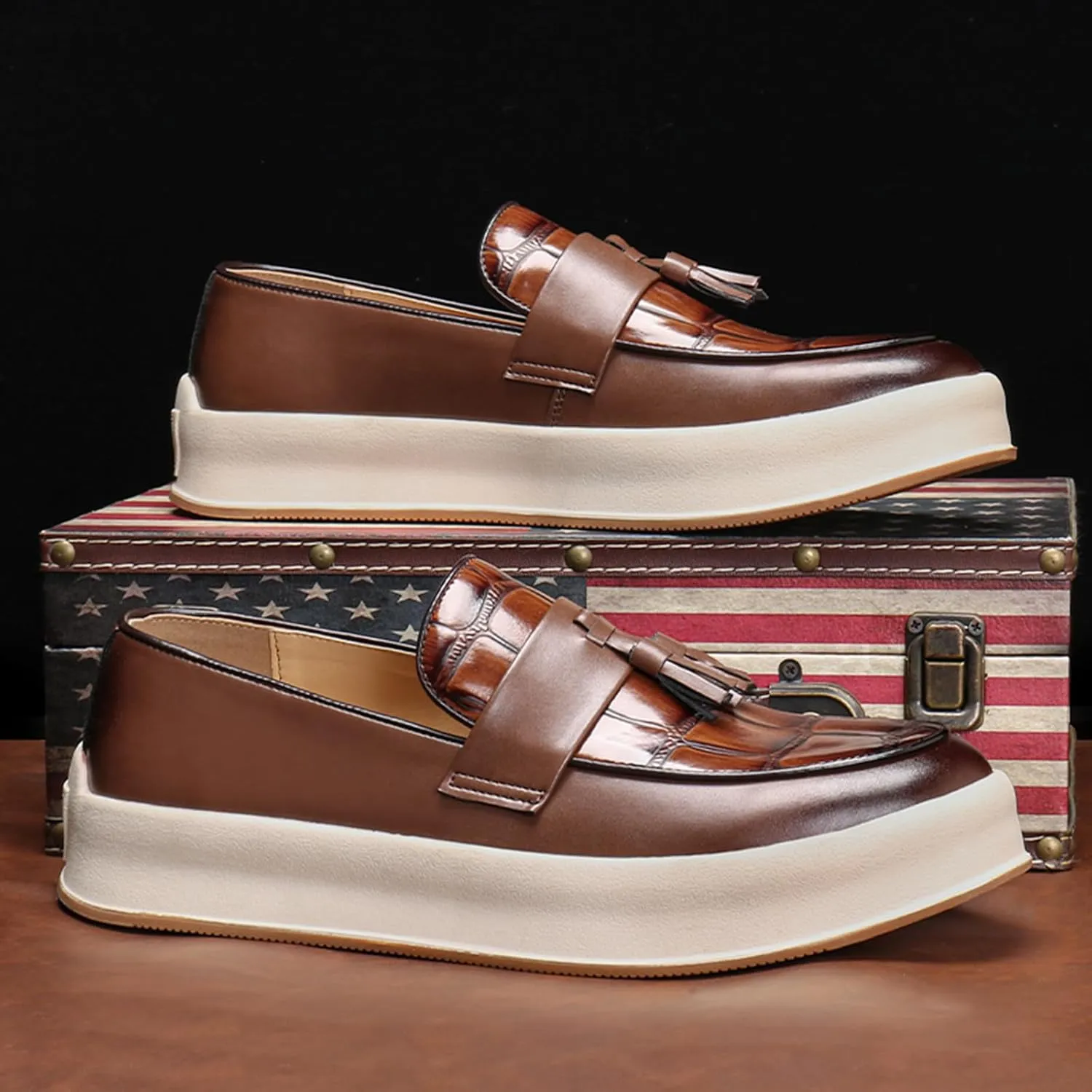 Men's Plaid Leather Slip On Tassel Loafers Round Toe Low Top Non-Slip Fashion Sneaker Lightweight Comfortable Business Casual Dress Shoes for Office Party