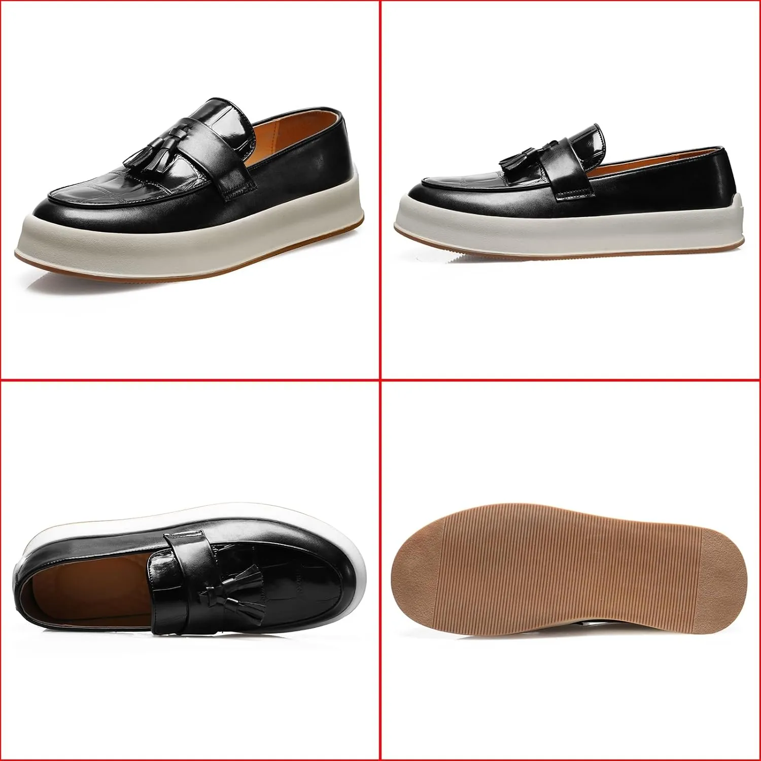 Men's Plaid Leather Slip On Tassel Loafers Round Toe Low Top Non-Slip Fashion Sneaker Lightweight Comfortable Business Casual Dress Shoes for Office Party