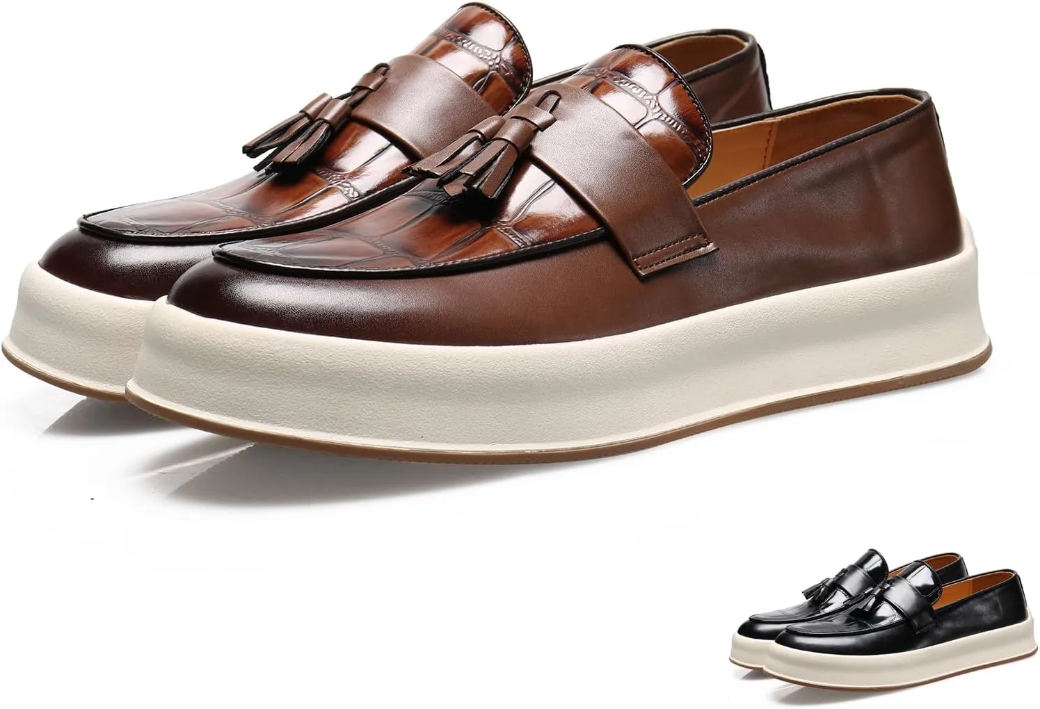 Men's Plaid Leather Slip On Tassel Loafers Round Toe Low Top Non-Slip Fashion Sneaker Lightweight Comfortable Business Casual Dress Shoes for Office Party
