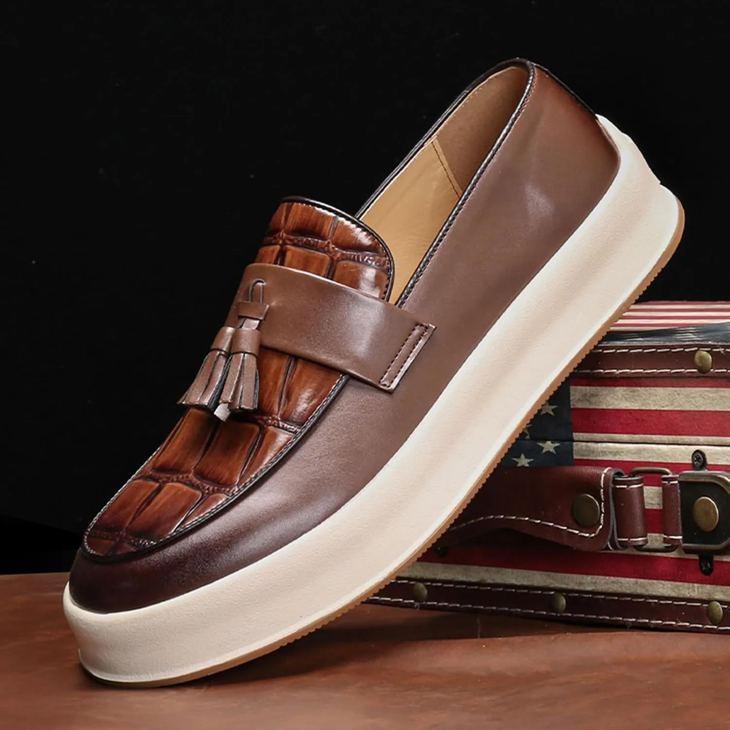 Men's Plaid Leather Slip On Tassel Loafers Round Toe Low Top Non-Slip Fashion Sneaker Lightweight Comfortable Business Casual Dress Shoes for Office Party