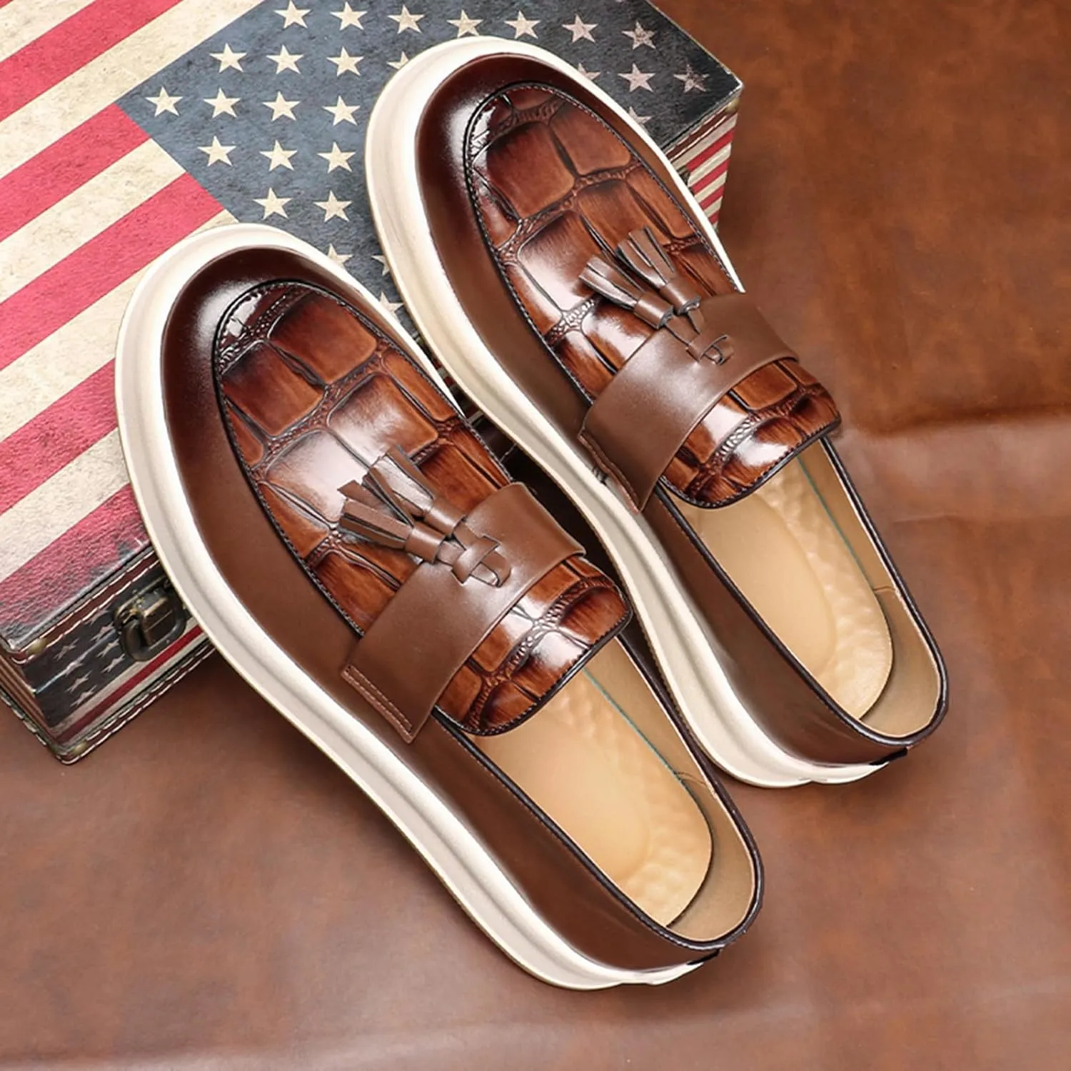 Men's Plaid Leather Slip On Tassel Loafers Round Toe Low Top Non-Slip Fashion Sneaker Lightweight Comfortable Business Casual Dress Shoes for Office Party