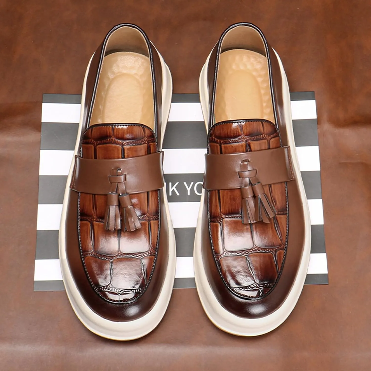 Men's Plaid Leather Slip On Tassel Loafers Round Toe Low Top Non-Slip Fashion Sneaker Lightweight Comfortable Business Casual Dress Shoes for Office Party