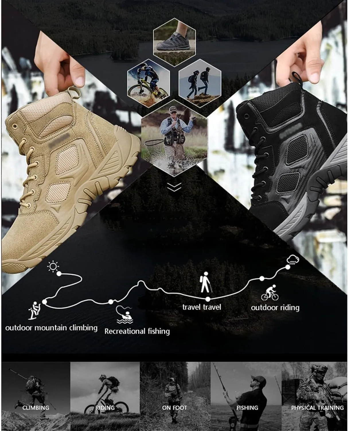 Men's Side Zip Uniform Military Work Ankle Boots, Mens Waterproof Anti Slip Breathable Lace Up High Top Combat Boots, Durable Combat Work Shoes Lightweight Hiking Walking Boots