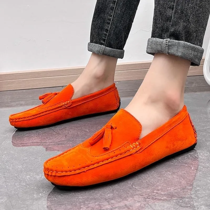 Men's Square Toe Wingtips Loafers - Suede Vegan Leather with Tassel, Comfortable Slip-On Shoes, Flexible Flat Heel for Fashion & Casual Wear