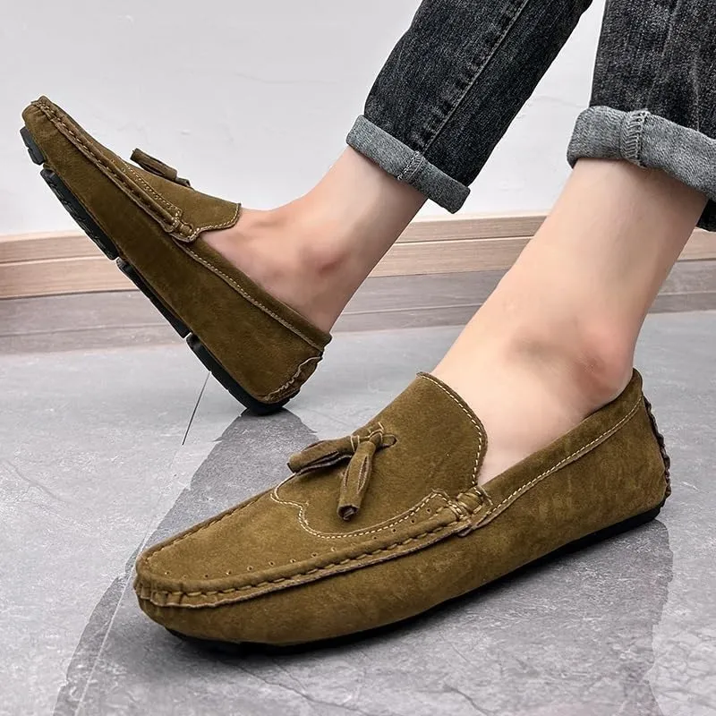 Men's Square Toe Wingtips Loafers - Suede Vegan Leather with Tassel, Comfortable Slip-On Shoes, Flexible Flat Heel for Fashion & Casual Wear