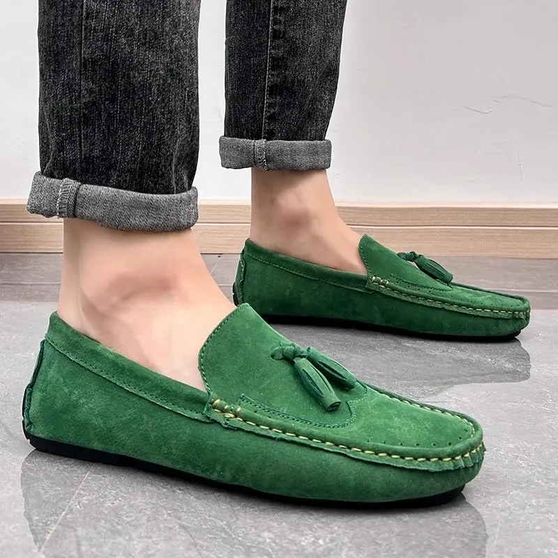 Men's Square Toe Wingtips Loafers - Suede Vegan Leather with Tassel, Comfortable Slip-On Shoes, Flexible Flat Heel for Fashion & Casual Wear