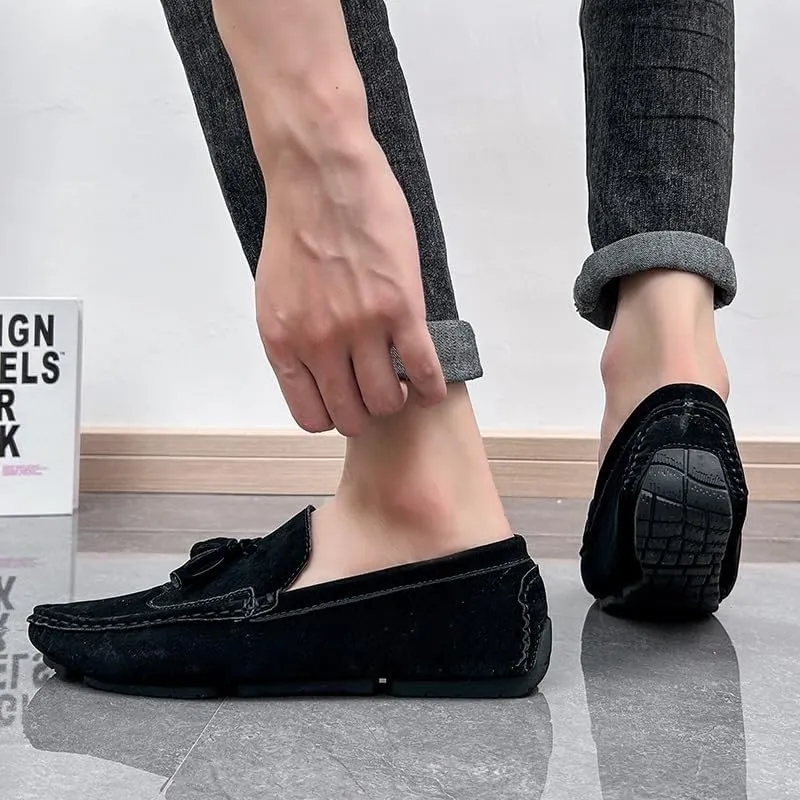 Men's Square Toe Wingtips Loafers - Suede Vegan Leather with Tassel, Comfortable Slip-On Shoes, Flexible Flat Heel for Fashion & Casual Wear