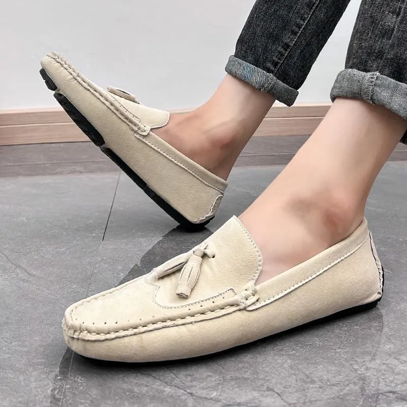 Men's Square Toe Wingtips Loafers - Suede Vegan Leather with Tassel, Comfortable Slip-On Shoes, Flexible Flat Heel for Fashion & Casual Wear