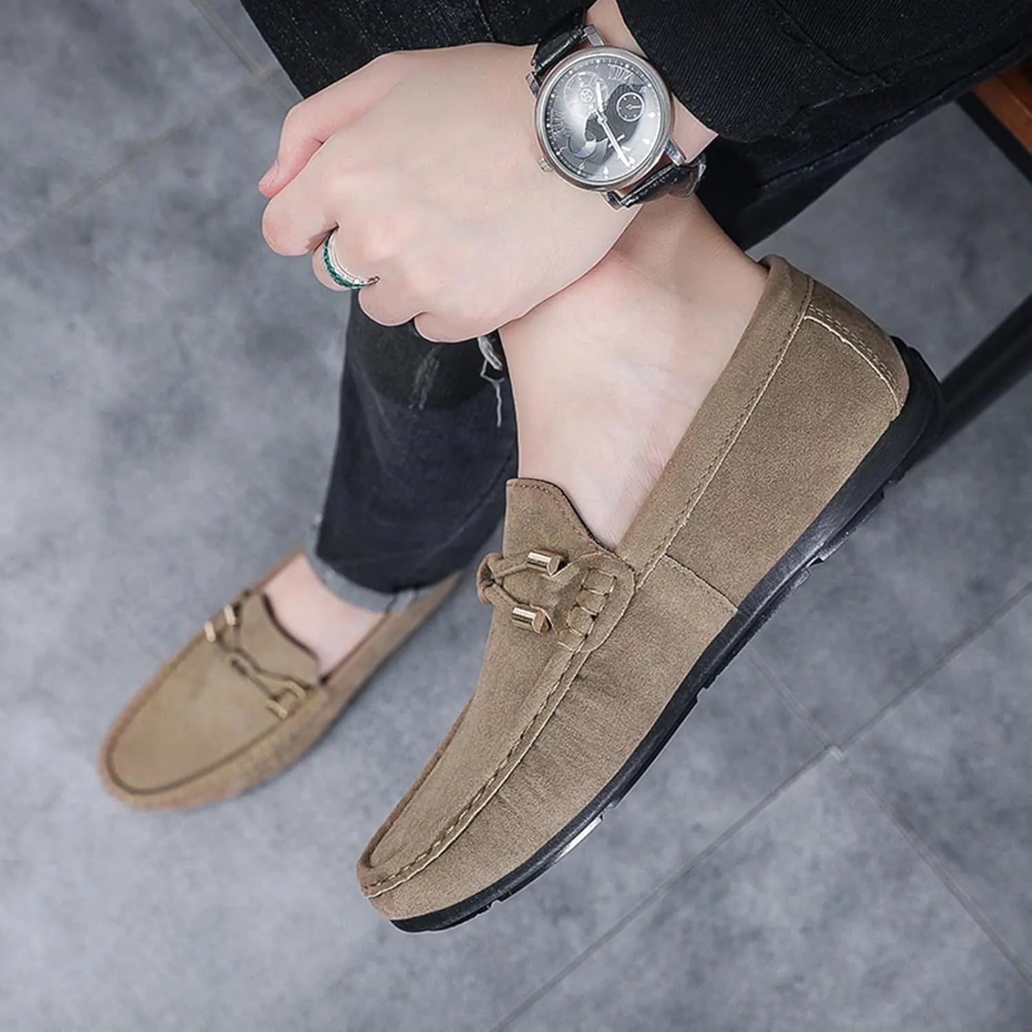 Men's Suede Leather Moccasins Penny Loafers Casual Round Toe Slip On Gommino Flat Driving Shoes Lightweight Comfort Dress Boat Shoes