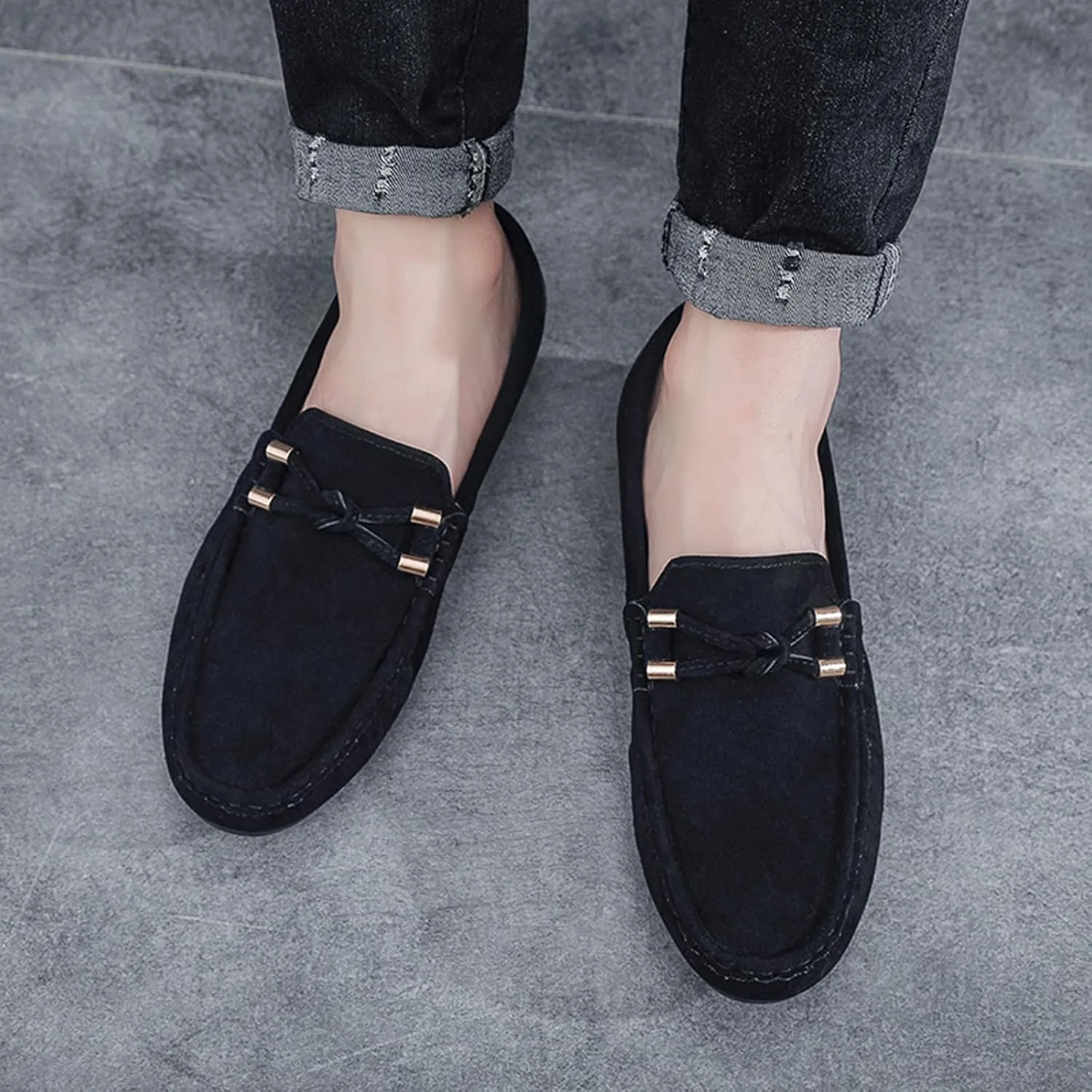 Men's Suede Leather Moccasins Penny Loafers Casual Round Toe Slip On Gommino Flat Driving Shoes Lightweight Comfort Dress Boat Shoes