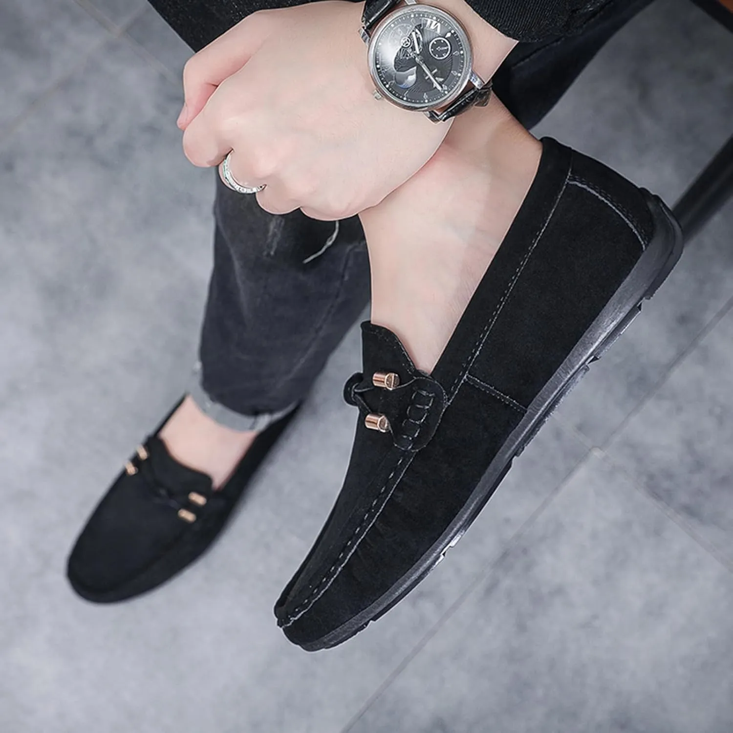 Men's Suede Leather Moccasins Penny Loafers Casual Round Toe Slip On Gommino Flat Driving Shoes Lightweight Comfort Dress Boat Shoes