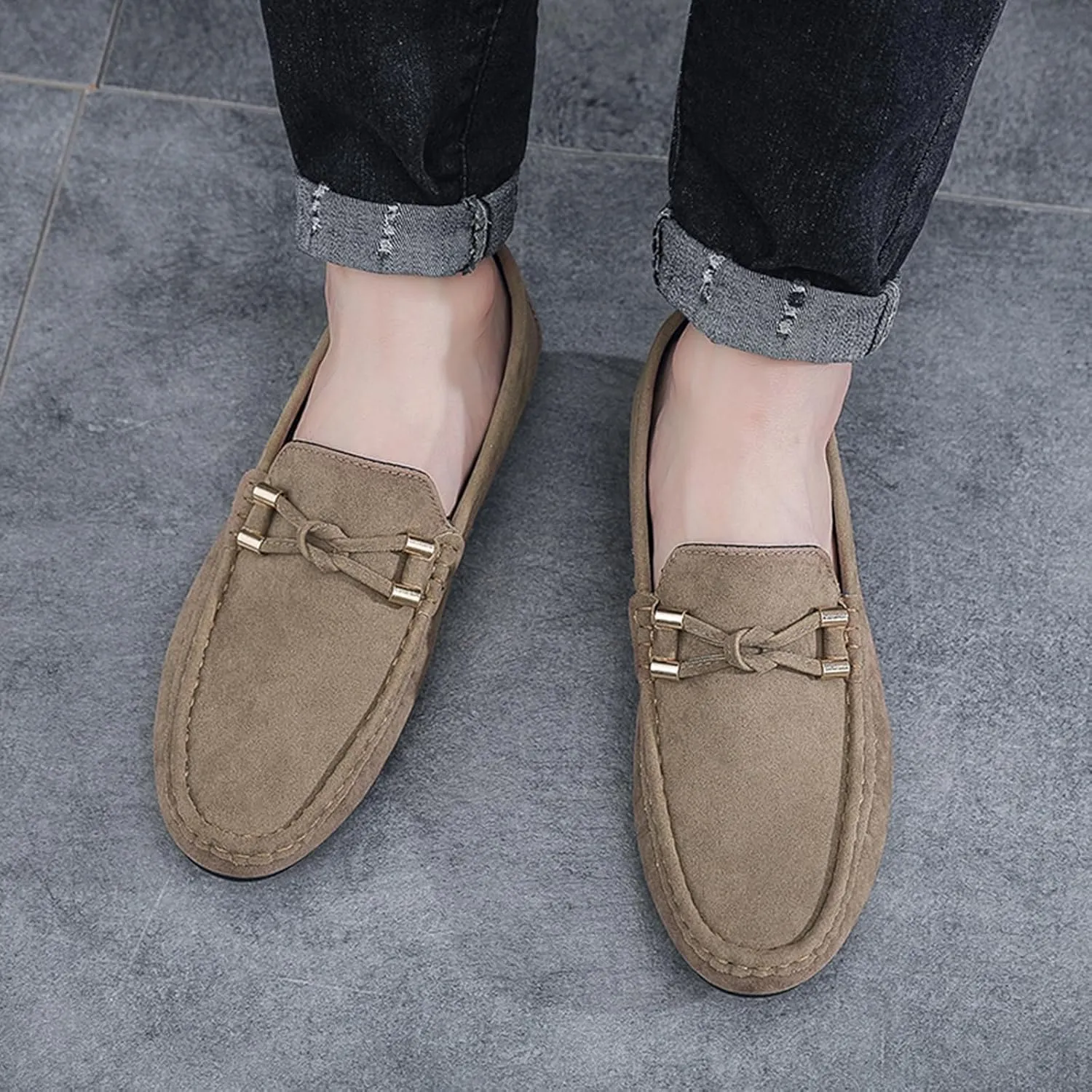 Men's Suede Leather Moccasins Penny Loafers Casual Round Toe Slip On Gommino Flat Driving Shoes Lightweight Comfort Dress Boat Shoes