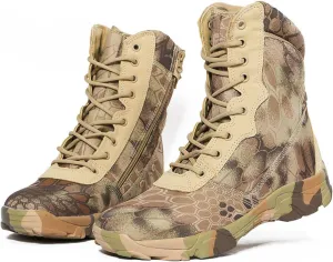 Mens Waterproof Military Work Boots, Mens Camouflage High Top Slip Resistant Side Zipper Combat Boots, Lace Up Breathable Patrol Boots, for Outdoor Sports Camping Combat