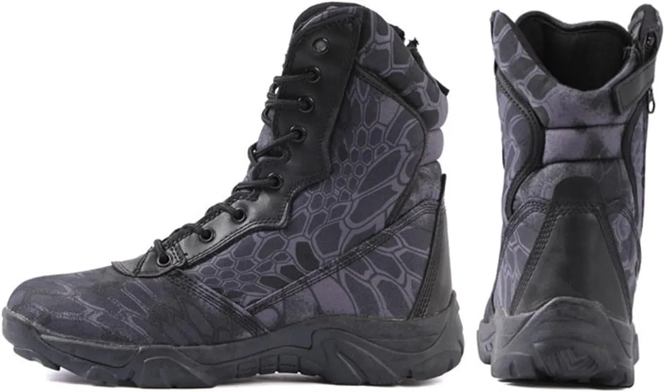 Mens Waterproof Military Work Boots, Mens Camouflage High Top Slip Resistant Side Zipper Combat Boots, Lace Up Breathable Patrol Boots, for Outdoor Sports Camping Combat