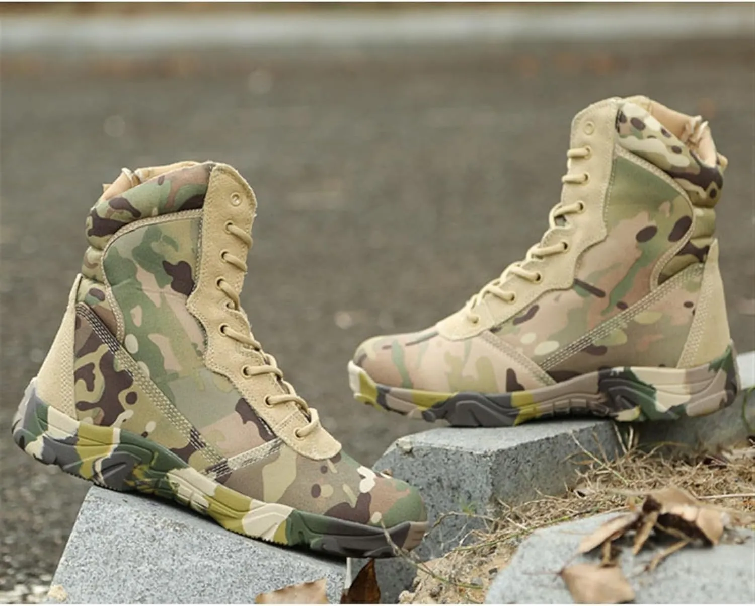 Mens Waterproof Military Work Boots, Mens Camouflage High Top Slip Resistant Side Zipper Combat Boots, Lace Up Breathable Patrol Boots, for Outdoor Sports Camping Combat