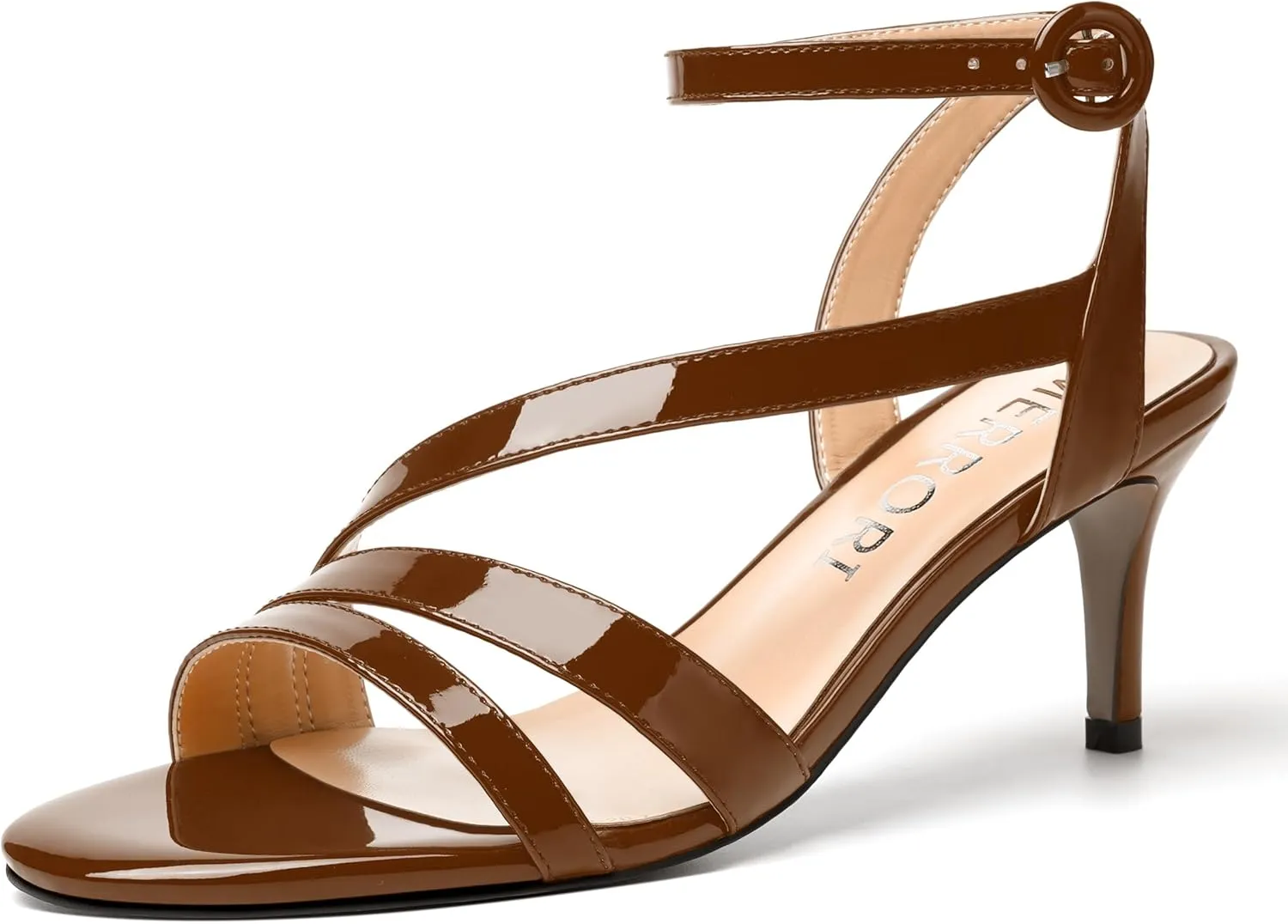 MERRORI Womens Casual Ankle Strap Patent Open Toe Buckle Office Stiletto Mid Heel Heeled Sandals 2.5 Inch