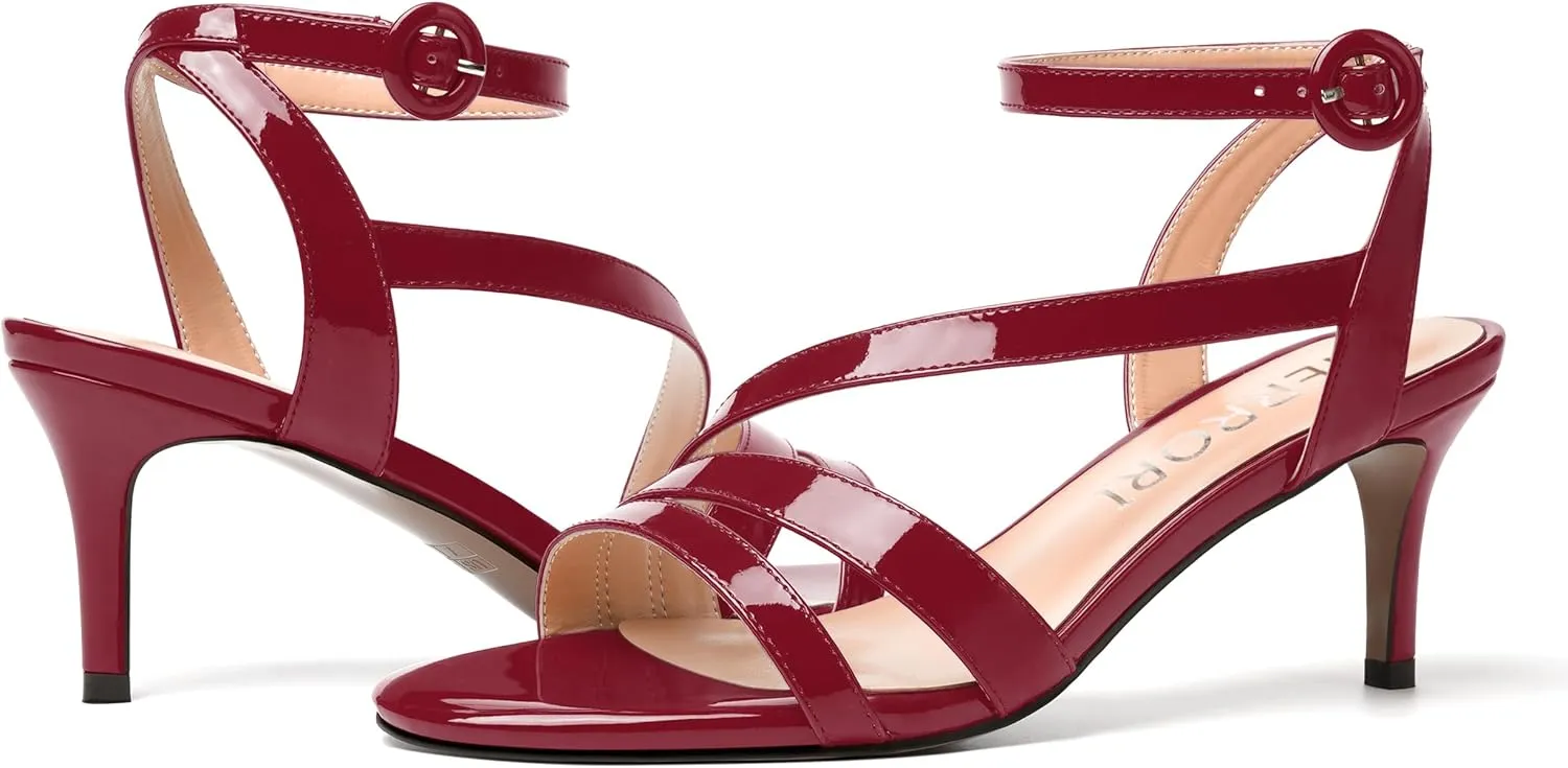 MERRORI Womens Casual Ankle Strap Patent Open Toe Buckle Office Stiletto Mid Heel Heeled Sandals 2.5 Inch