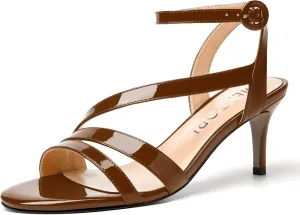 MERRORI Womens Casual Ankle Strap Patent Open Toe Buckle Office Stiletto Mid Heel Heeled Sandals 2.5 Inch