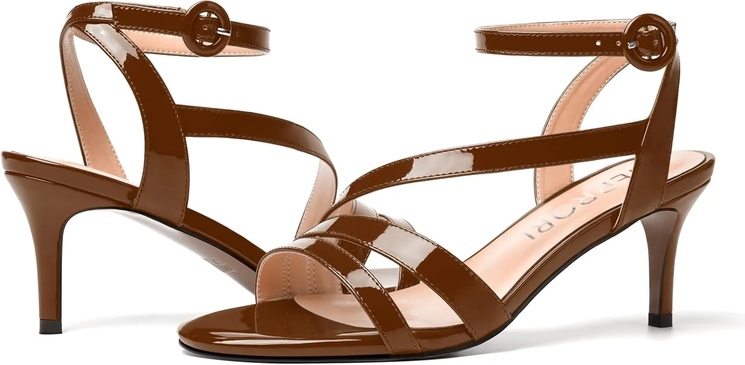 MERRORI Womens Casual Ankle Strap Patent Open Toe Buckle Office Stiletto Mid Heel Heeled Sandals 2.5 Inch