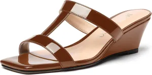 MODENCOCO Women's Comfortable Patent Slip On Dating Dress Open Toe T Strap Wedge Low Heel Heeled Sandals 2 Inch