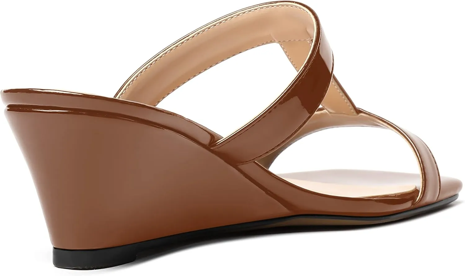 MODENCOCO Women's Comfortable Patent Slip On Dating Dress Open Toe T Strap Wedge Low Heel Heeled Sandals 2 Inch