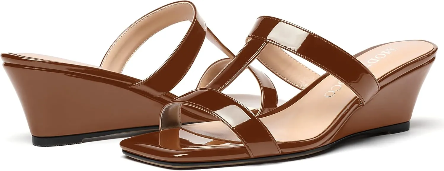 MODENCOCO Women's Comfortable Patent Slip On Dating Dress Open Toe T Strap Wedge Low Heel Heeled Sandals 2 Inch