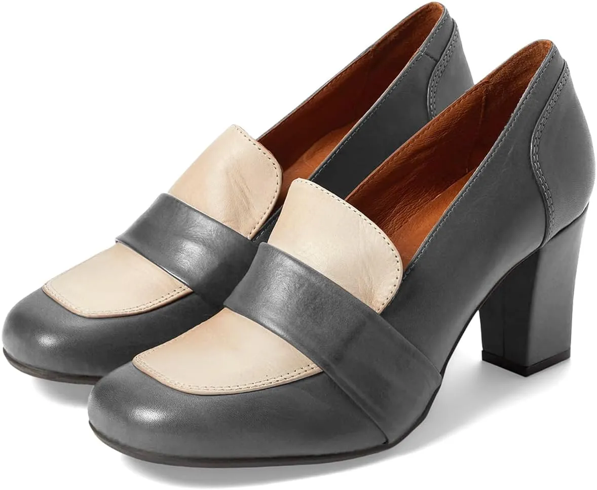 MOOMMO Women Chunky Block High Heel Loafers Pumps Square Closed Toe Two-Toned Penny Loafer Slip On Kitten Heel Oxford Shoes Office Business Professional Work Loafer Classic Elegant Patchwork 4-11 M US