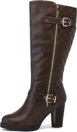 Mysoft Women's Extra Wide Calf Knee High Boots With Chunky Block Heel, Round Toe, and Side Zipper