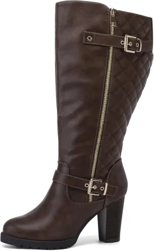 mysoft Women's Wide Calf Knee High Boots Chunky Block Heel Round Toe Tall Boots Side Zipper