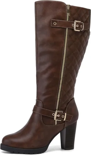 mysoft Women's Wide Calf Knee High Boots Chunky Block Heel Round Toe Tall Boots Side Zipper