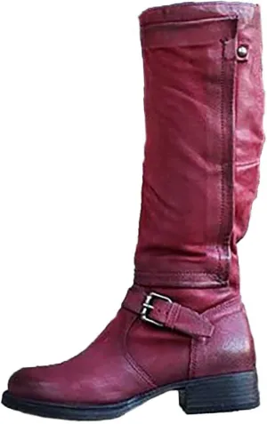 oiangi Boots for Women Knee High - Fashion Belt Buckle Side Zipper Chunky Low Heel Round Toe High Boots Solid Casual Comfortable Square Heel Shoes