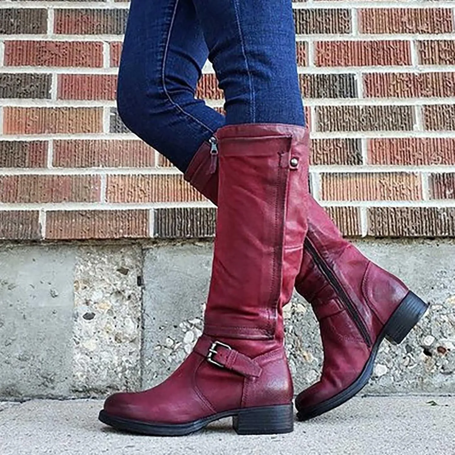 oiangi Boots for Women Knee High - Fashion Belt Buckle Side Zipper Chunky Low Heel Round Toe High Boots Solid Casual Comfortable Square Heel Shoes
