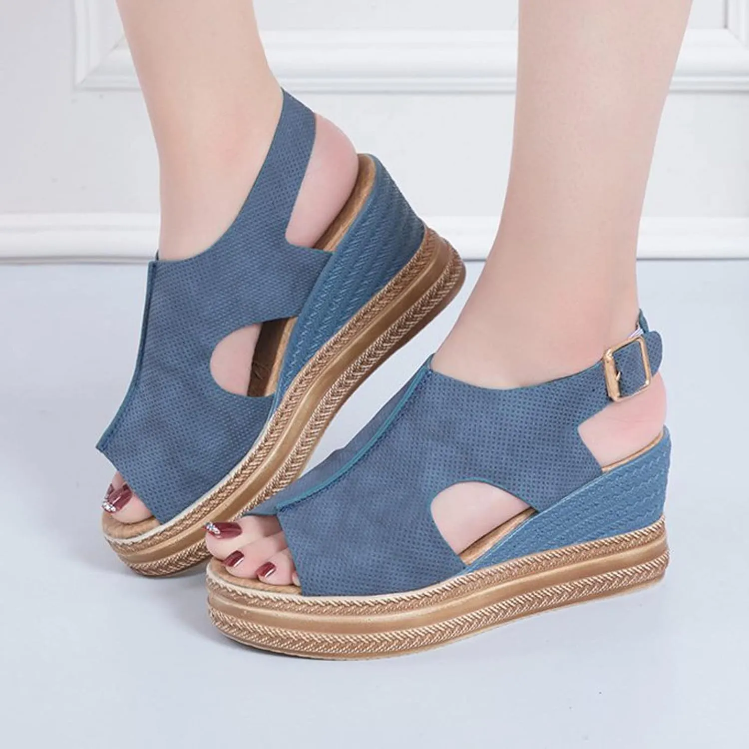 oiangi Slingback Sandals for Women Comfort Heels Summer Fish Mouth Open Toe Hollow Buckle Wedge Platform Shoes Casual Ankle Strap High Heel Beach Shoes