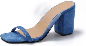 oiangi Womens Clear Straps Chunky Sandals Summer Casual Square Toe Double Strap Open Toe Slip-on Thick Heel High Heels Slipper Comfy Trendy Ladies Shoes