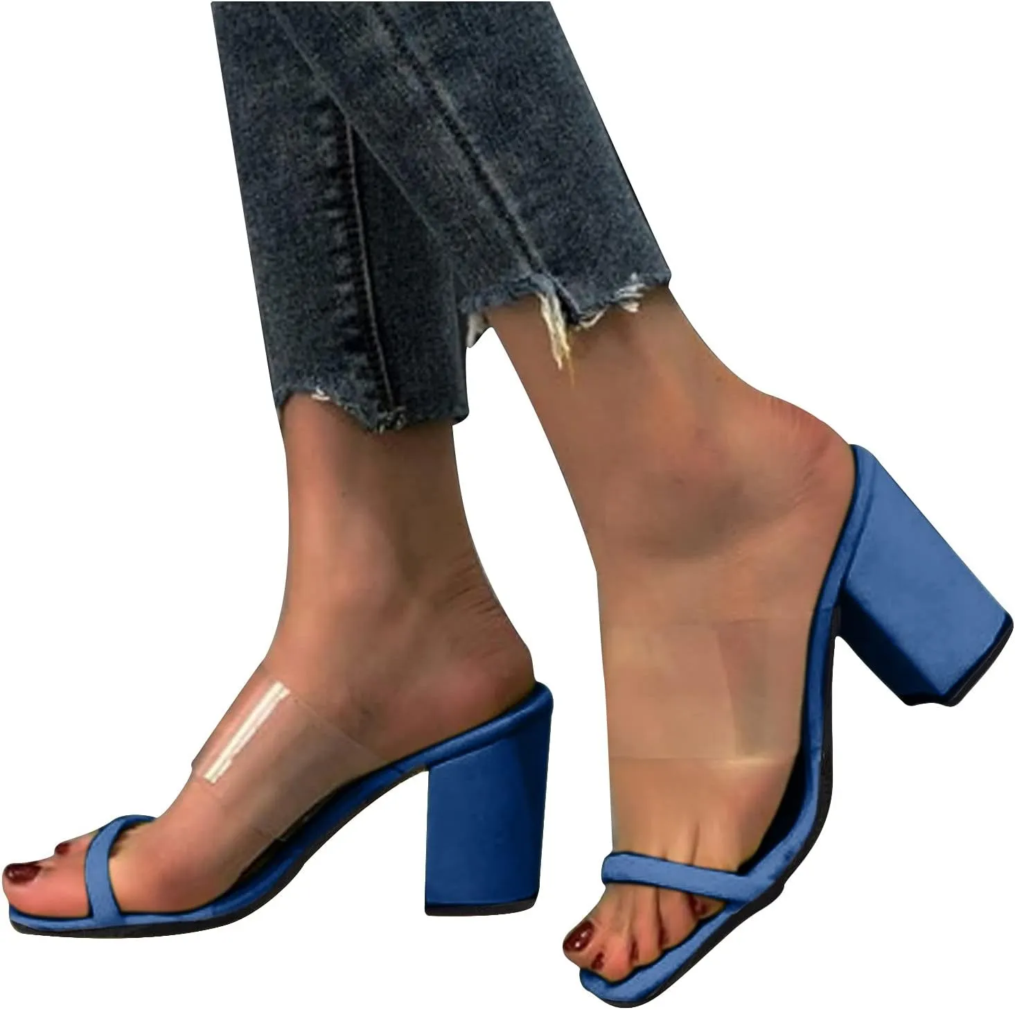 oiangi Womens Clear Straps Chunky Sandals Summer Casual Square Toe Double Strap Open Toe Slip-on Thick Heel High Heels Slipper Comfy Trendy Ladies Shoes