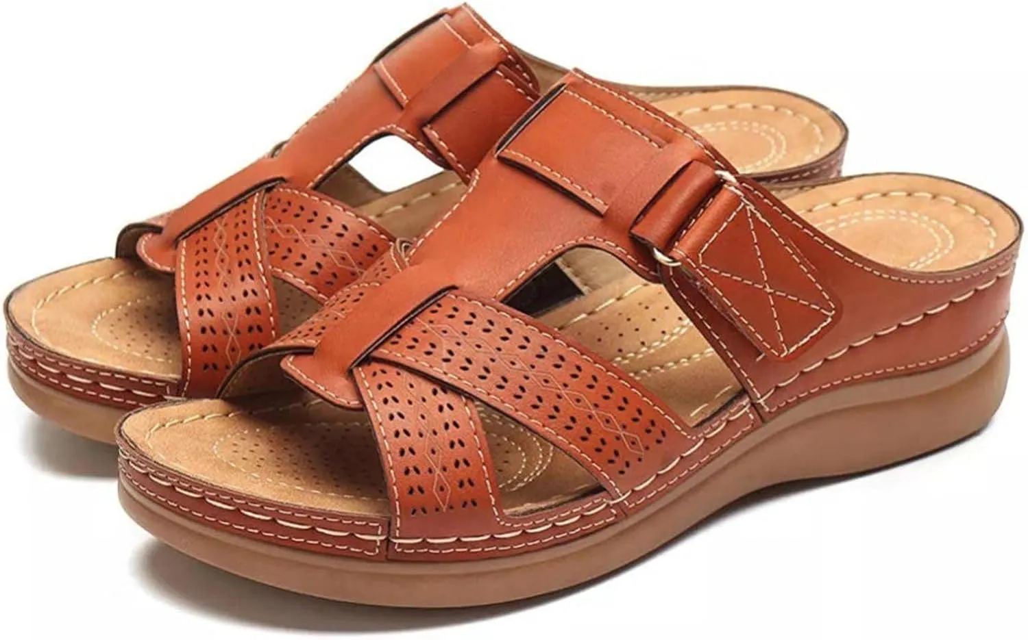 oiangi Women's Sandals Comfortable Wedge Sandals with Arch Support Summer Casual Fish Mouth Open Toe Slip-on Slipper Flower Hollow Platform Slides Flip Flops