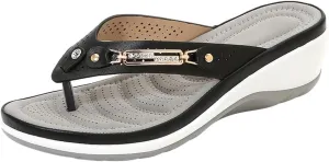 oiangi Womens Wedge Flip Flop Sandals Summer Casual Thong Straps Clip Toe Slipper Metal Decoration Slip On Slides Lightweight Comfortable Beach Shoes