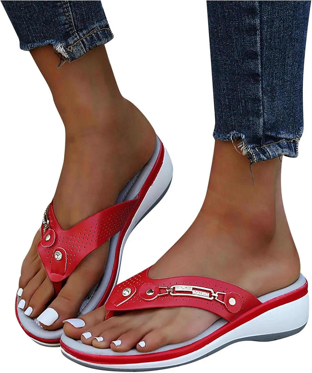 oiangi Womens Wedge Flip Flop Sandals Summer Casual Thong Straps Clip Toe Slipper Metal Decoration Slip On Slides Lightweight Comfortable Beach Shoes