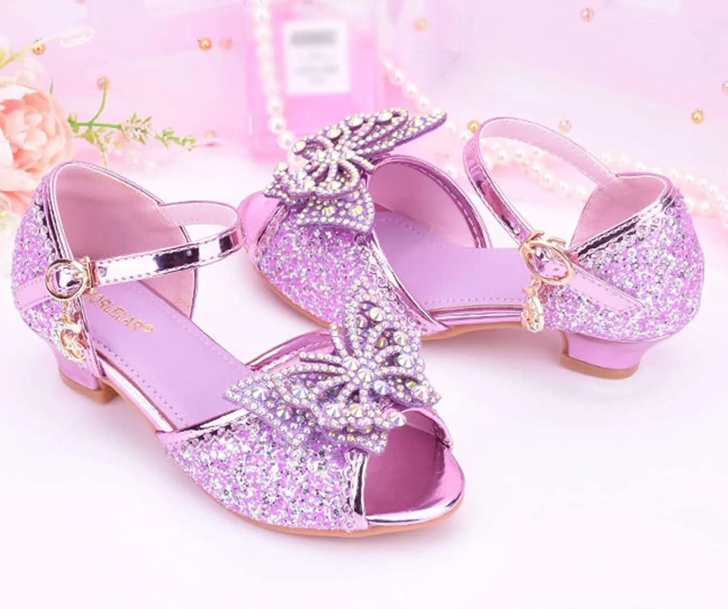 Open Front Bow Sequins Sandals for Girls Kids Princess Wedding Formal Ankle High Heel Shoes Summer Dress Dance Sandals