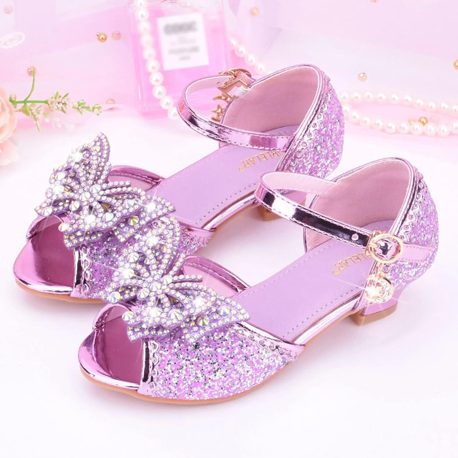 Open Front Bow Sequins Sandals for Girls Kids Princess Wedding Formal Ankle High Heel Shoes Summer Dress Dance Sandals